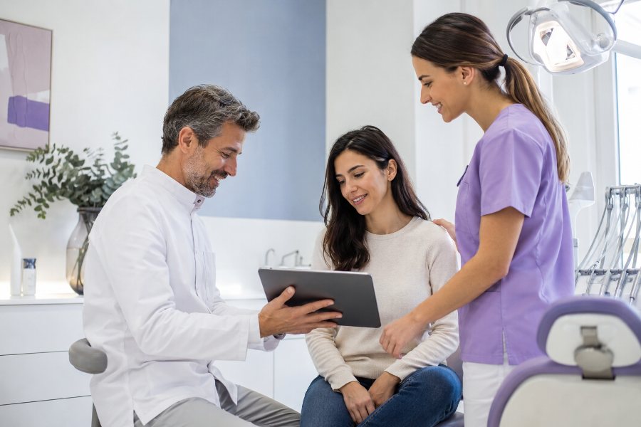 Equipo de una clínica dental atendiendo a una paciente